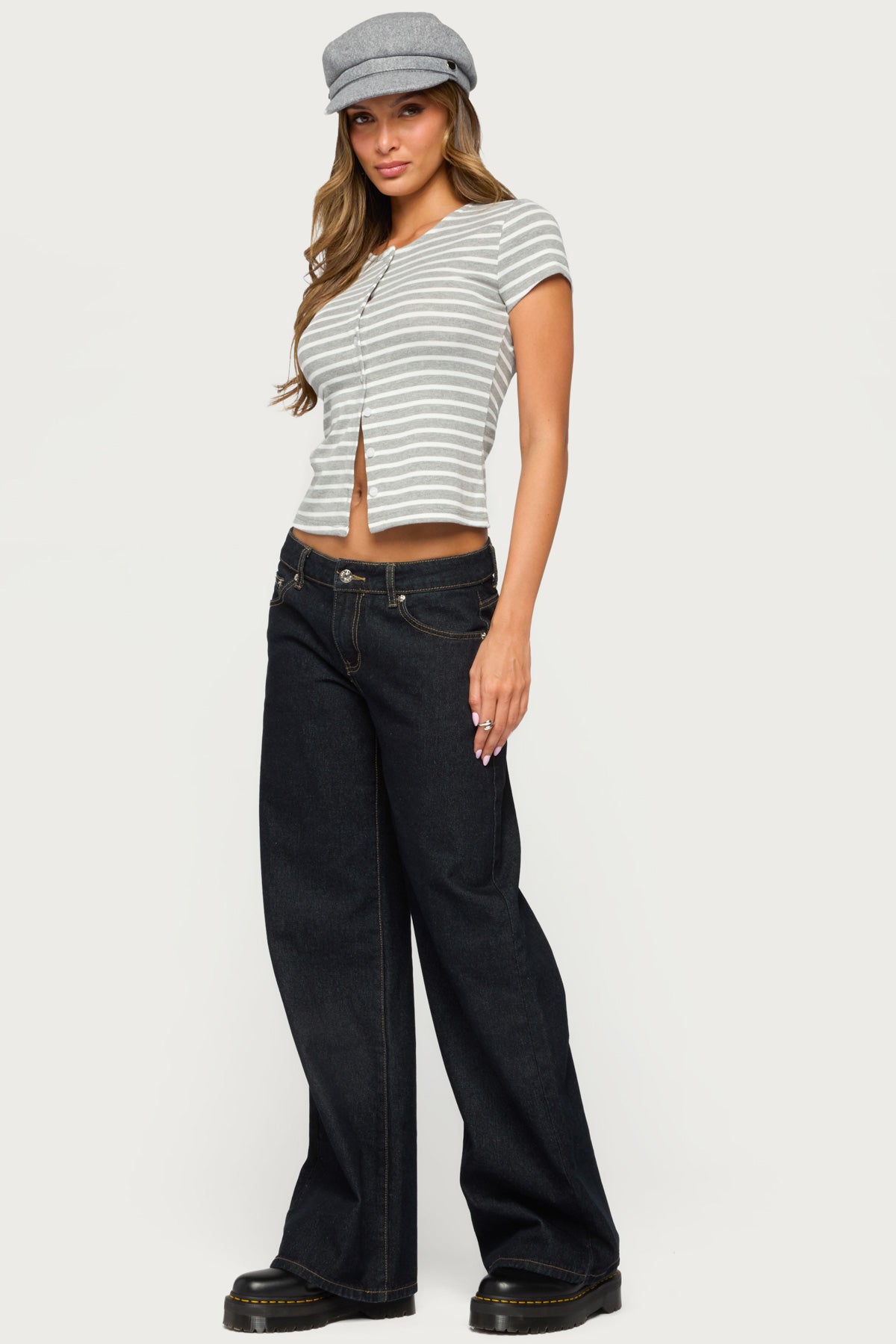 Bonita Striped Button Up Top - LIGHT-GRAY-MELANGE-AND-WHITE