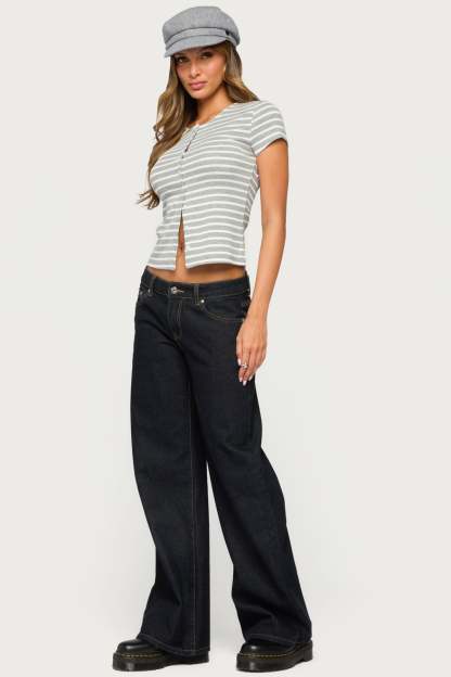 Bonita Striped Button Up Top - LIGHT-GRAY-MELANGE-AND-WHITE