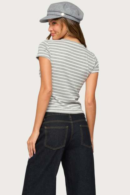 Bonita Striped Button Up Top - LIGHT-GRAY-MELANGE-AND-WHITE