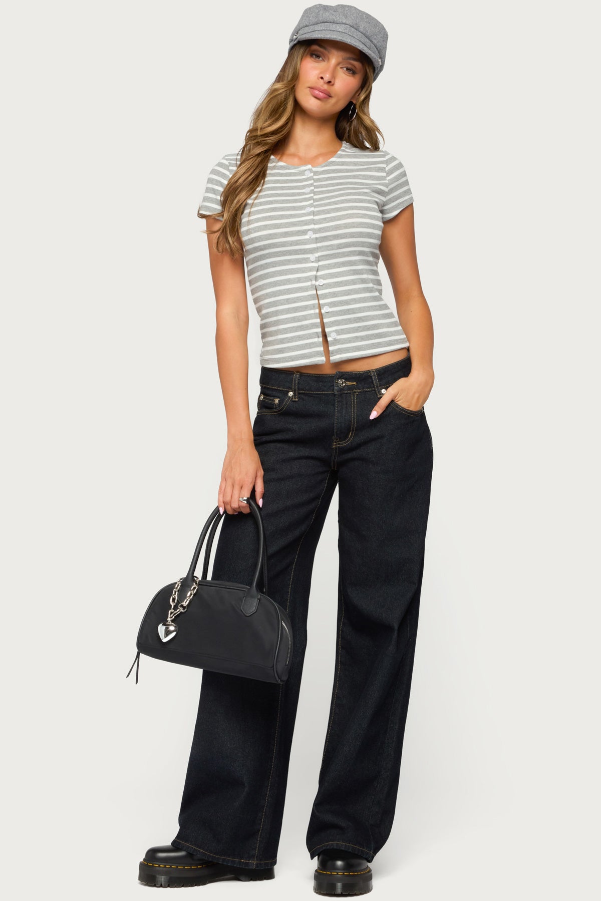 Bonita Striped Button Up Top - LIGHT-GRAY-MELANGE-AND-WHITE