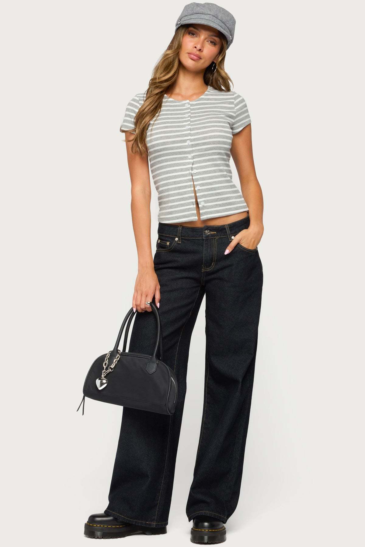 Bonita Striped Button Up Top - LIGHT-GRAY-MELANGE-AND-WHITE