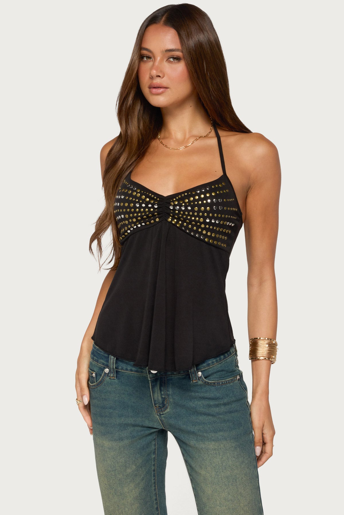 Ivana Studded Halter Top - BLACK
