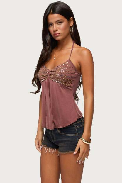 Ivana Studded Halter Top - BROWN