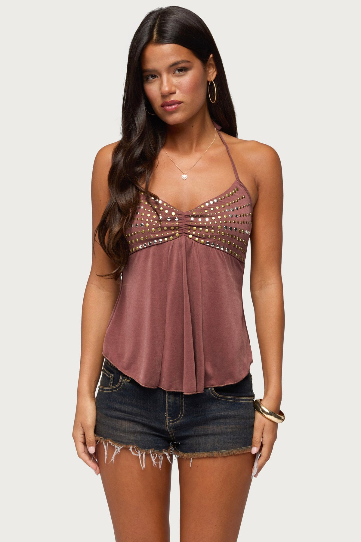 Ivana Studded Halter Top - BROWN