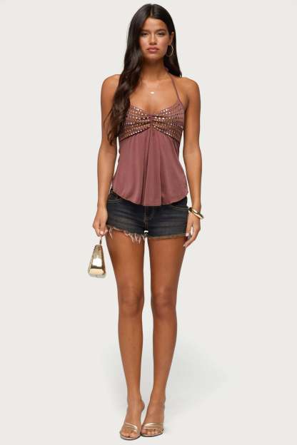 Ivana Studded Halter Top - BROWN