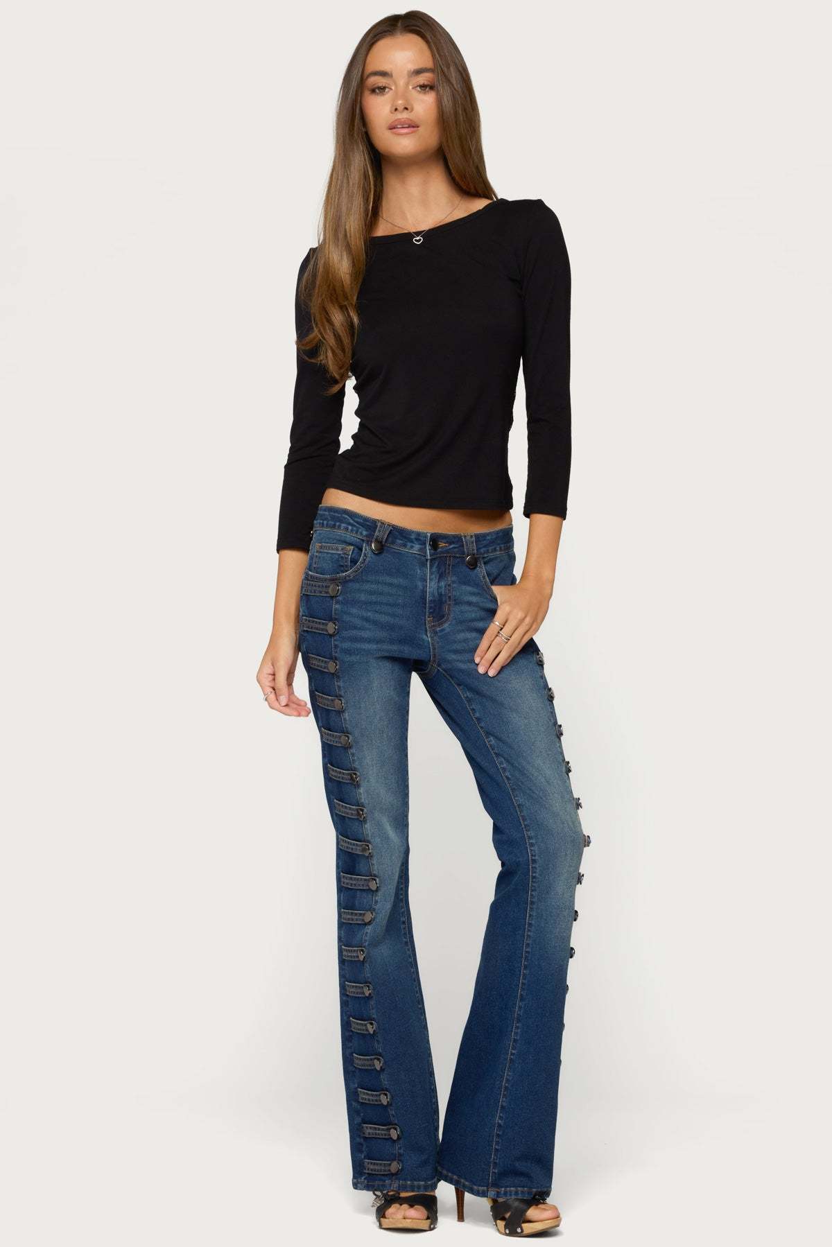 Bailie Lace Back Three-Quarter Sleeve Top - BLACK