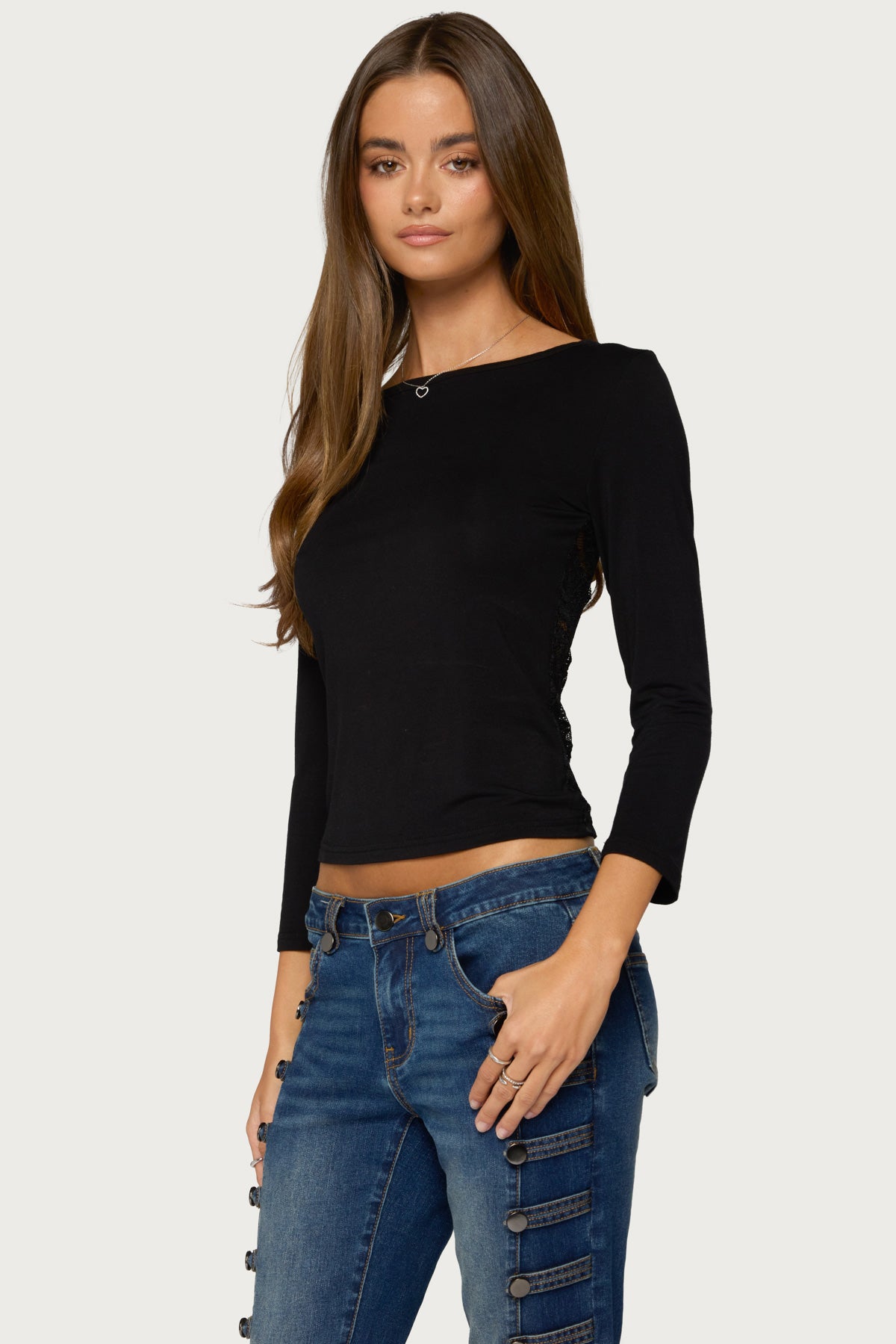 Bailie Lace Back Three-Quarter Sleeve Top - BLACK