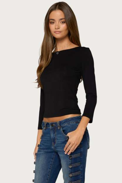 Bailie Lace Back Three-Quarter Sleeve Top - BLACK