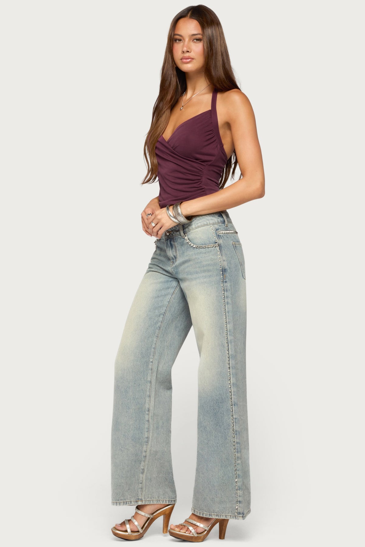 Taile Ruched Wrap Halter Top - PLUM