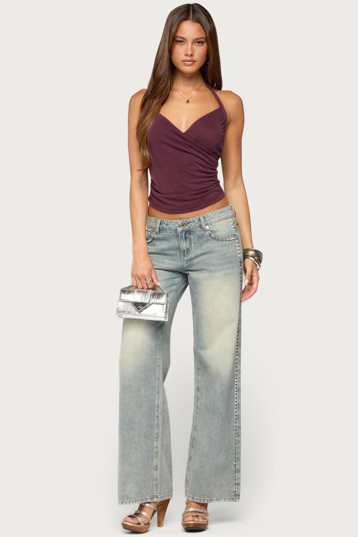 Taile Ruched Wrap Halter Top - PLUM