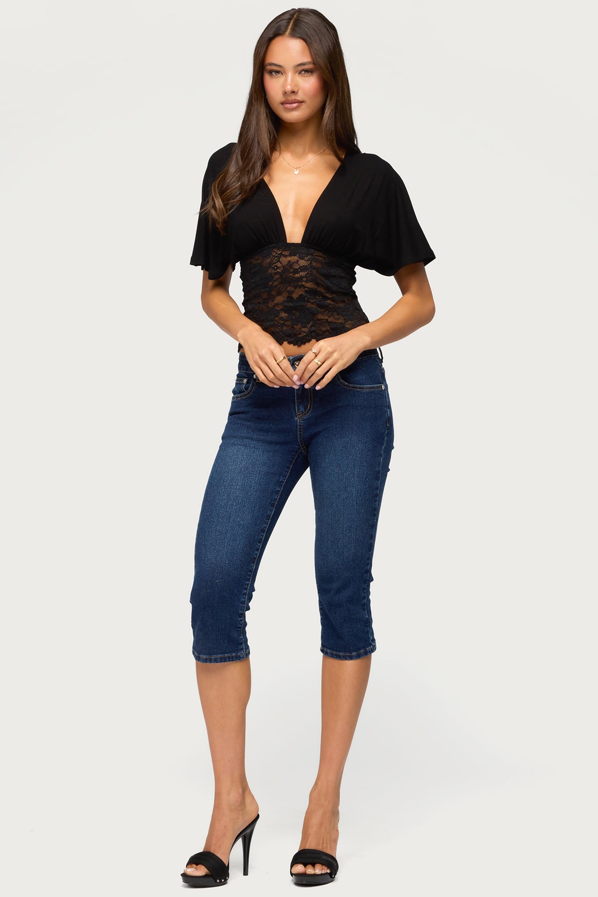 Jaeda Lacey Flutter Plunging Top - BLACK