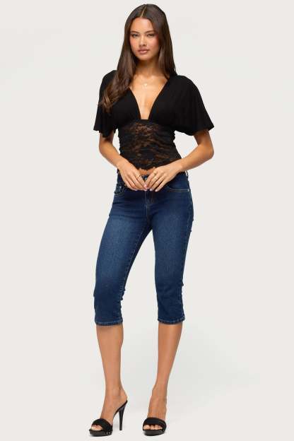 Jaeda Lacey Flutter Plunging Top - BLACK