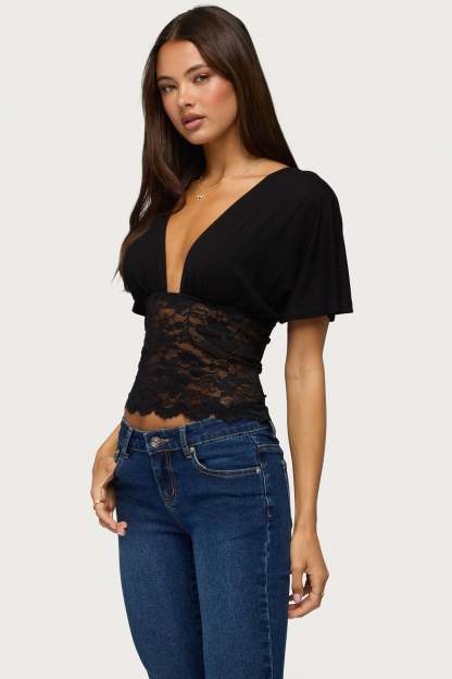 Jaeda Lacey Flutter Plunging Top - BLACK
