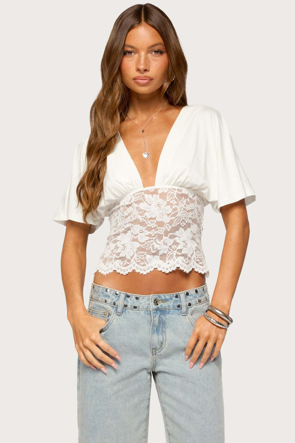 Jaeda Lacey Flutter Plunging Top - CREAM