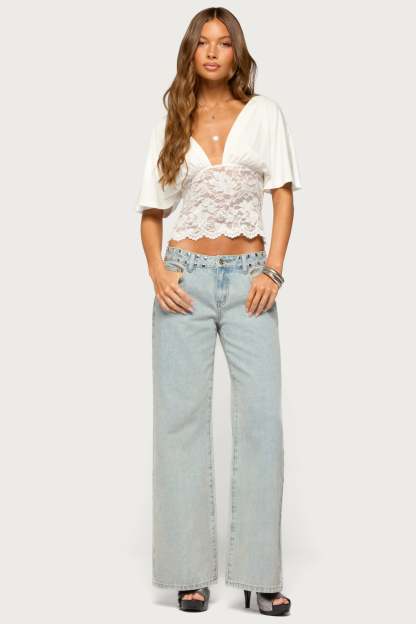 Jaeda Lacey Flutter Plunging Top - CREAM