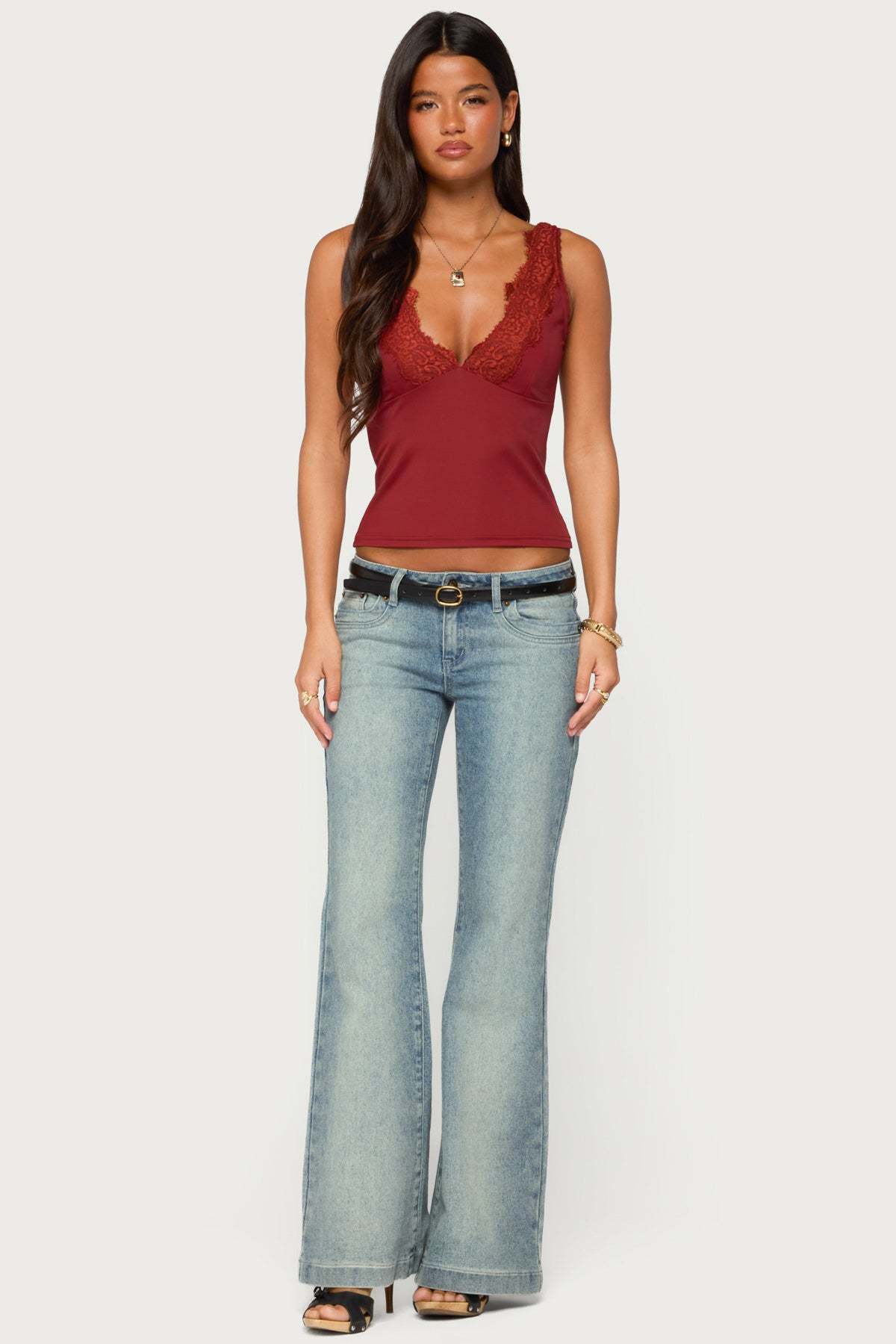 Rali Lacey V Neck Top - RED
