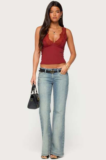Rali Lacey V Neck Top - RED
