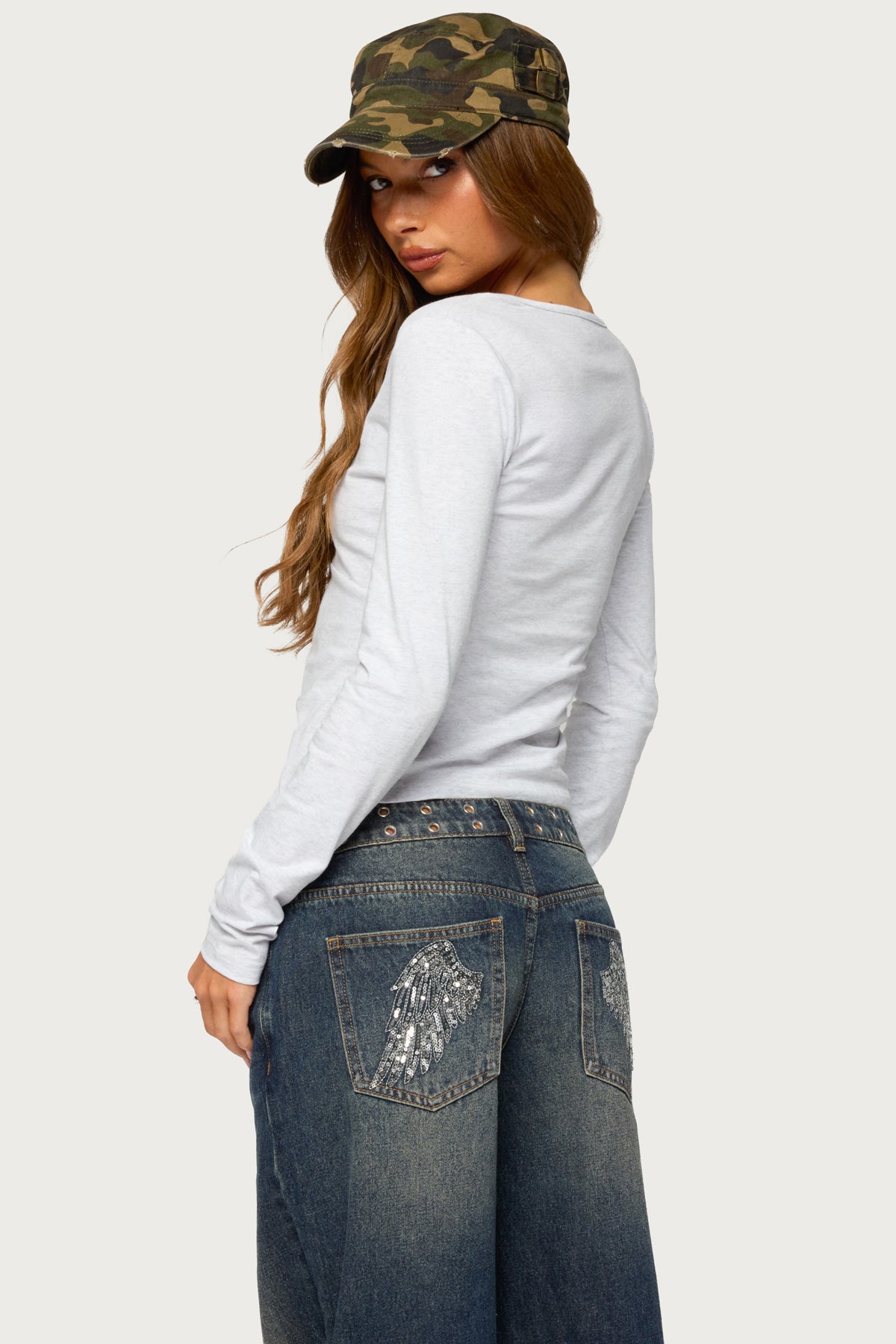 Feva V Neck Long Sleeve Top - LIGHT-GRAY-MELANGE