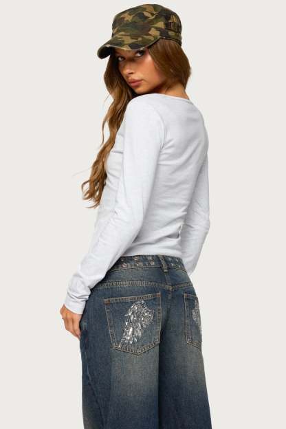 Feva V Neck Long Sleeve Top - LIGHT-GRAY-MELANGE