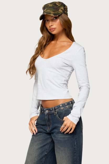 Feva V Neck Long Sleeve Top - LIGHT-GRAY-MELANGE