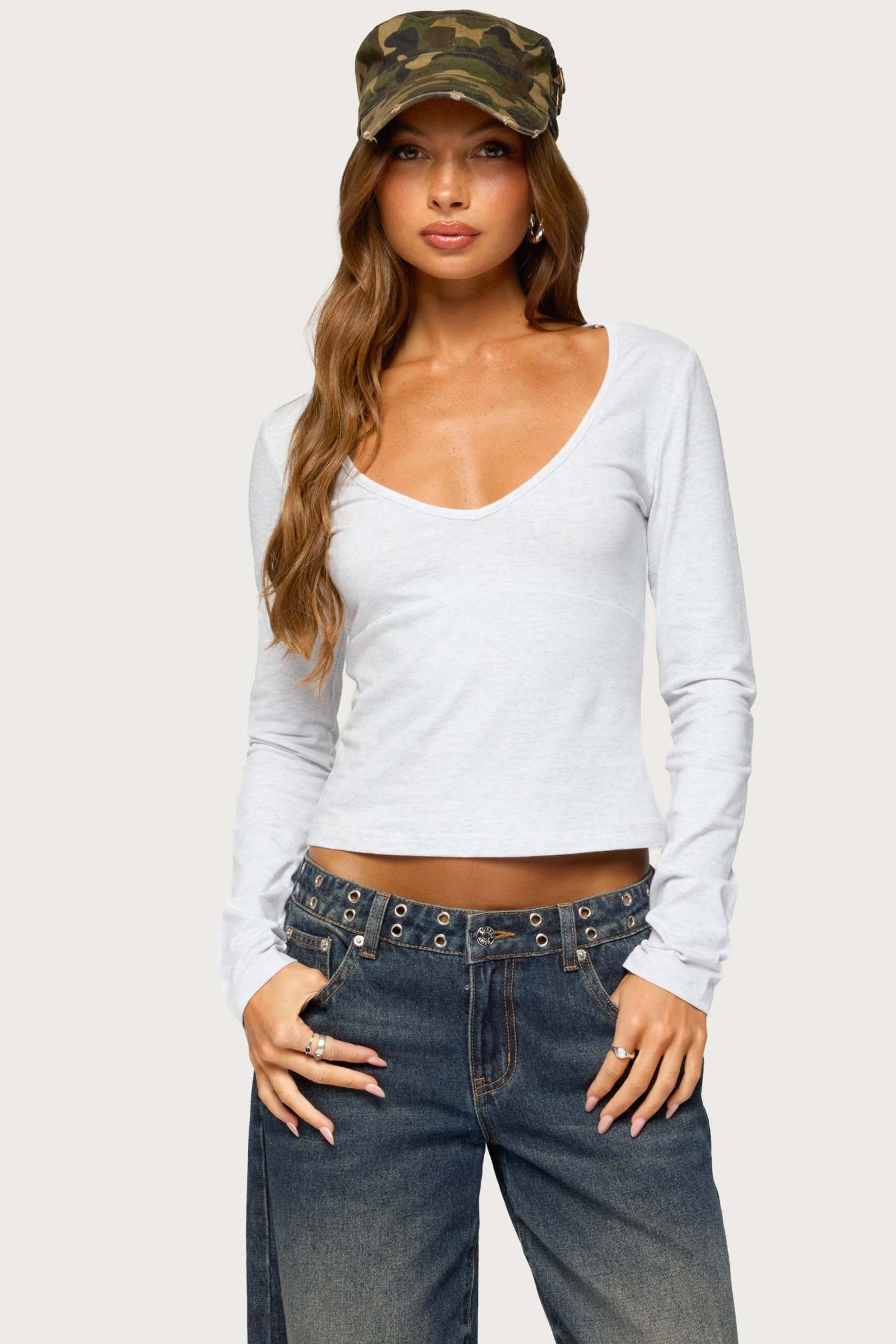 Feva V Neck Long Sleeve Top - LIGHT-GRAY-MELANGE