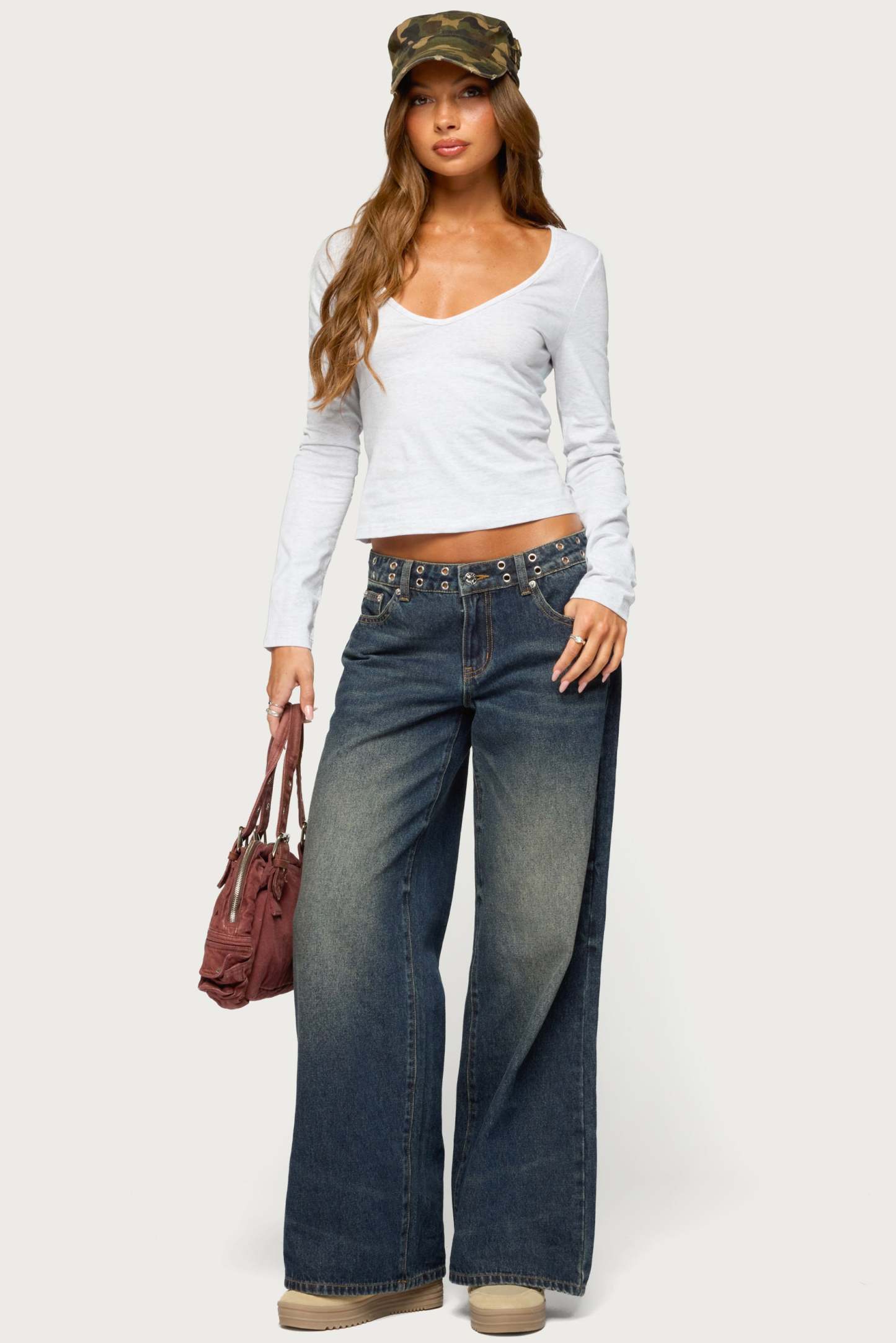 Feva V Neck Long Sleeve Top - LIGHT-GRAY-MELANGE