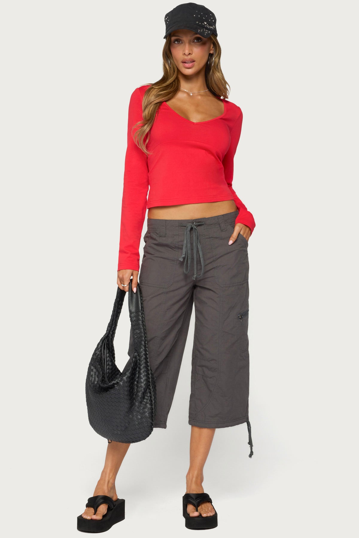 Feva V Neck Long Sleeve Top - RED