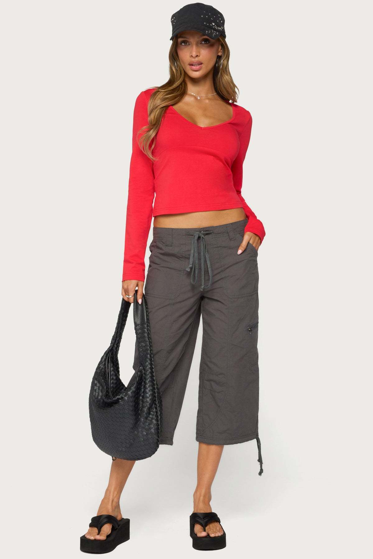 Feva V Neck Long Sleeve Top - RED