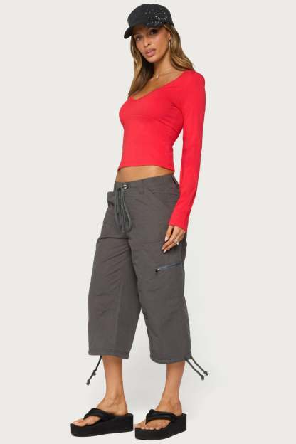 Feva V Neck Long Sleeve Top - RED