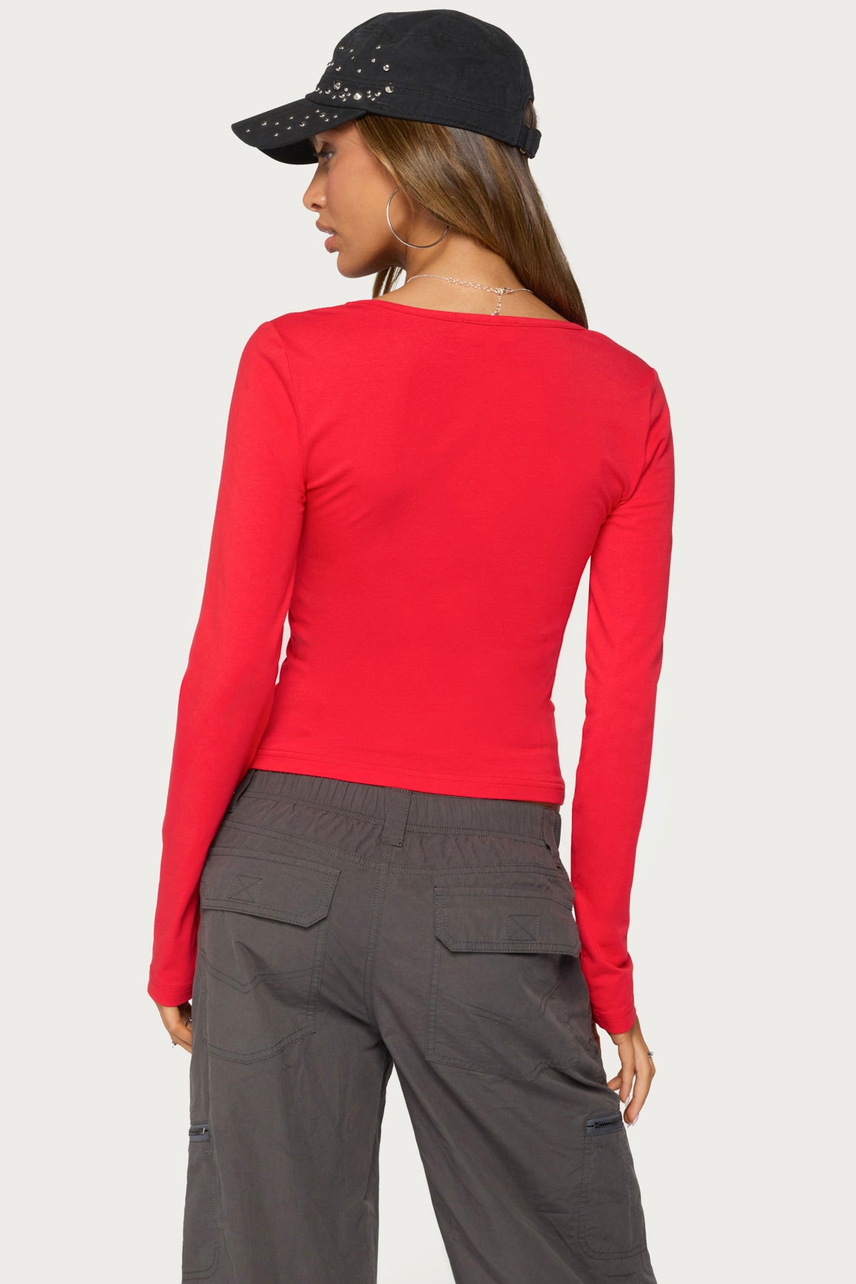 Feva V Neck Long Sleeve Top - RED