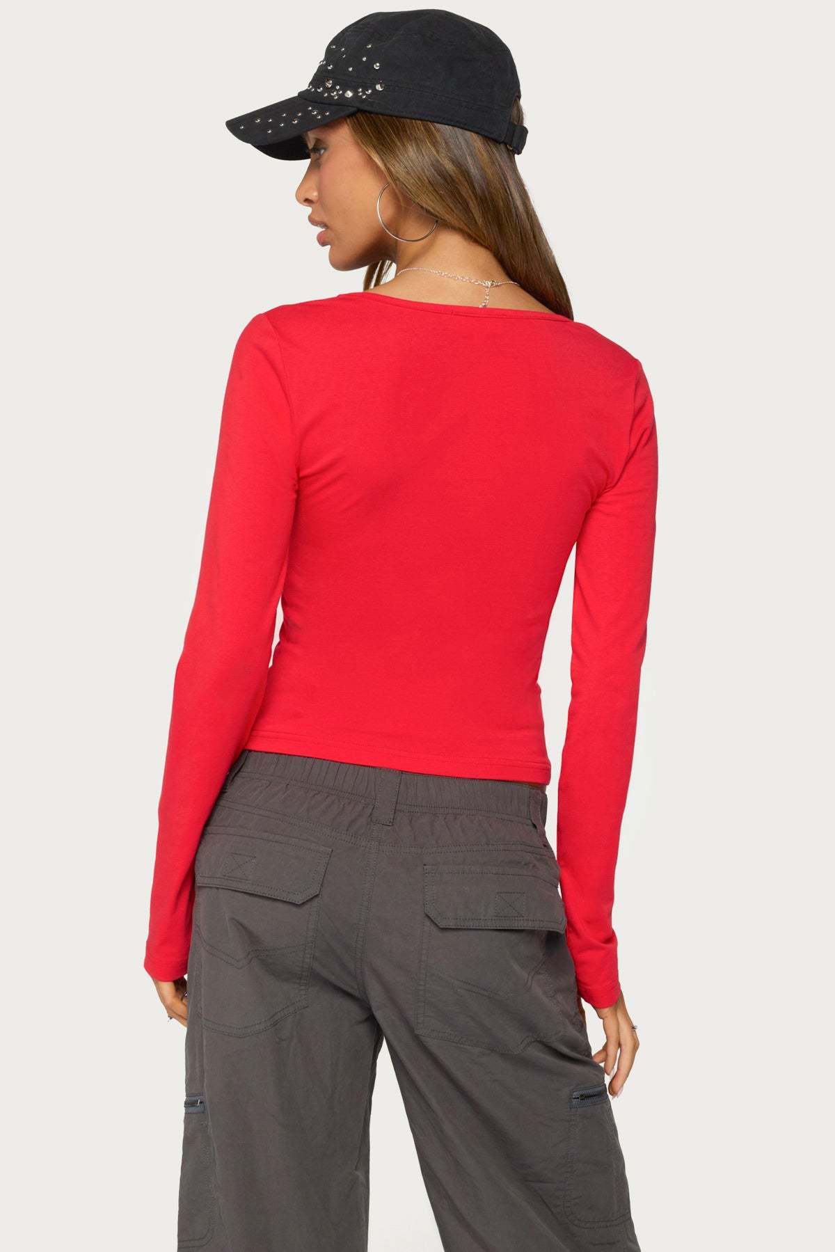 Feva V Neck Long Sleeve Top - RED