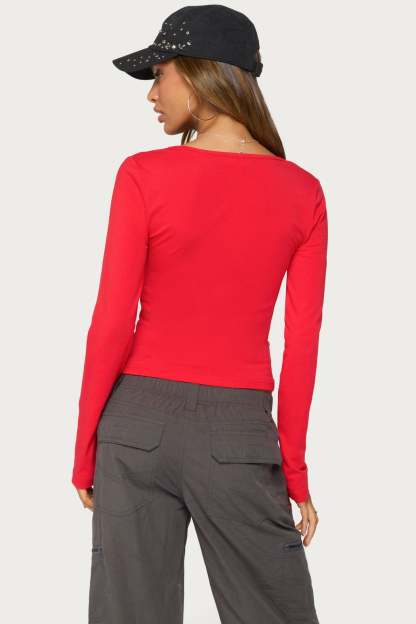 Feva V Neck Long Sleeve Top - RED