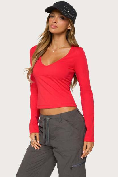 Feva V Neck Long Sleeve Top - RED