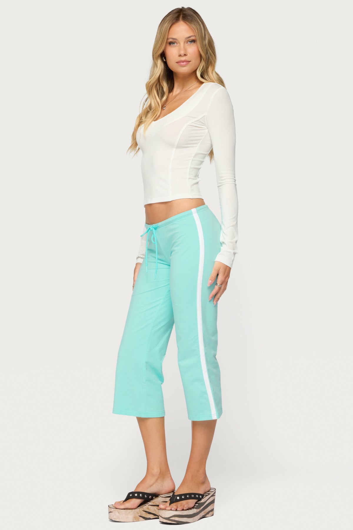 Milene Contrast French Terry Capri Pants - AQUA