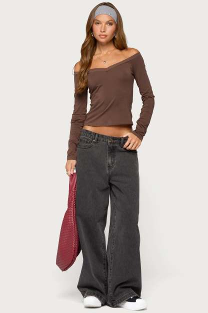 Geary Off Shoulder Top - BROWN
