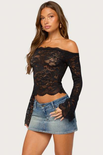 Jasha Sheer Lace Long Sleeve Top - BLACK