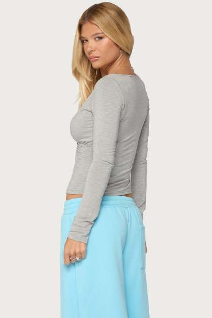 Sanel Lacey Long Sleeve Top - GRAY-AND-AQUA