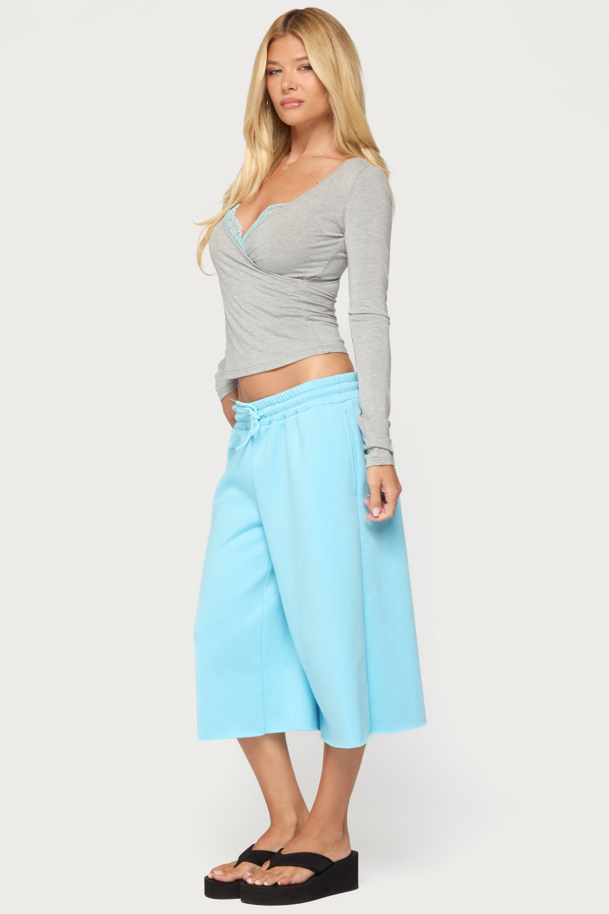 Sanel Lacey Long Sleeve Top - GRAY-AND-AQUA