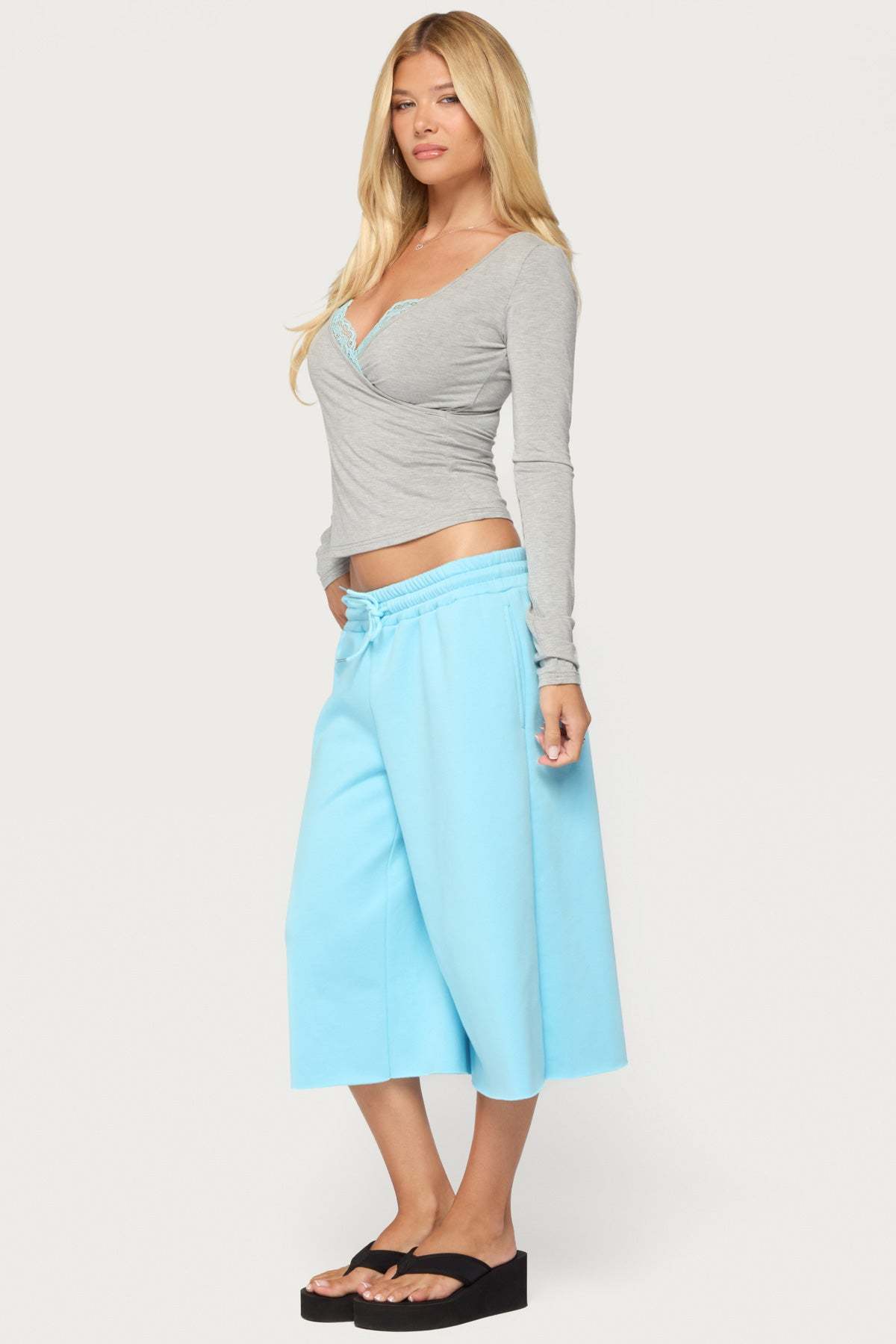 Sanel Lacey Long Sleeve Top - GRAY-AND-AQUA