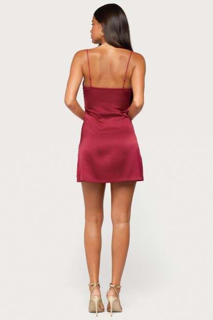 Taira Satin Effect Mini Dress - BURGUNDY