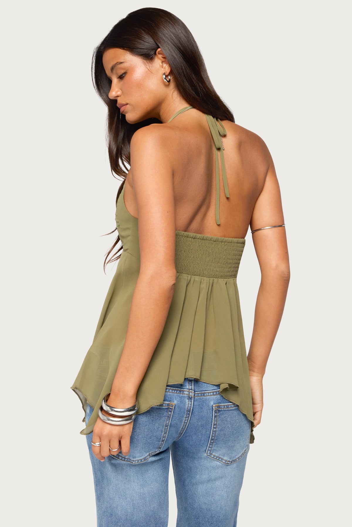 Bodie Sequin Chiffon Handkerchief Top - OLIVE