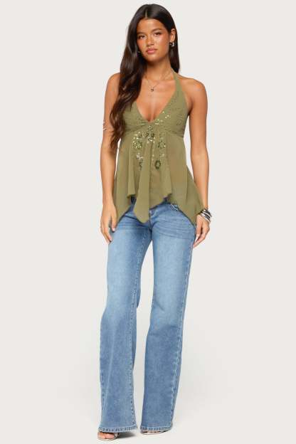 Bodie Sequin Chiffon Handkerchief Top - OLIVE