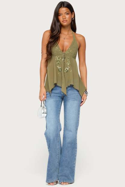 Bodie Sequin Chiffon Handkerchief Top - OLIVE
