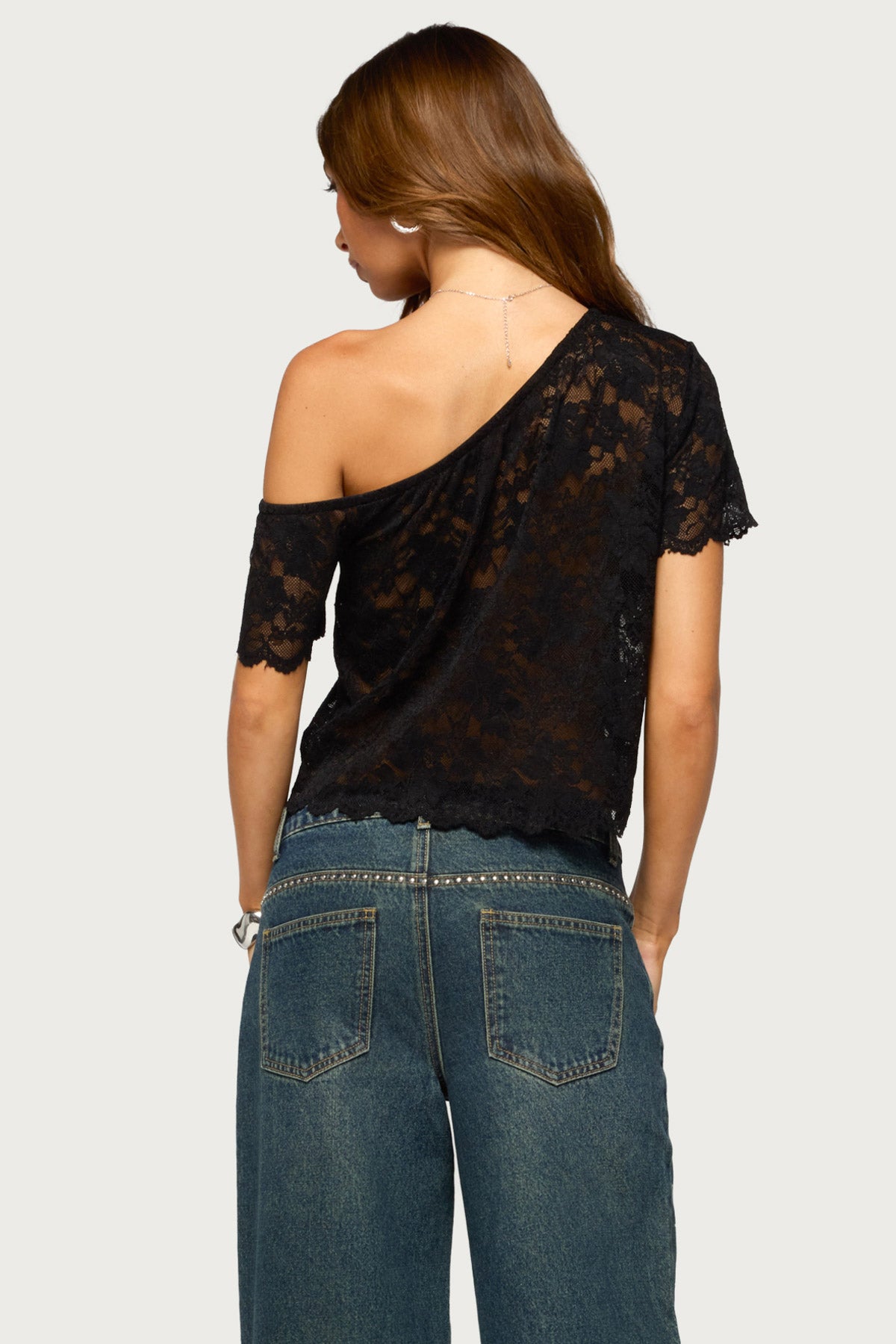 Elenora Off Shoulder Sheer Lace Top - BLACK