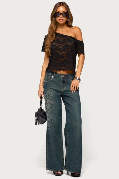Elenora Off Shoulder Sheer Lace Top - BLACK