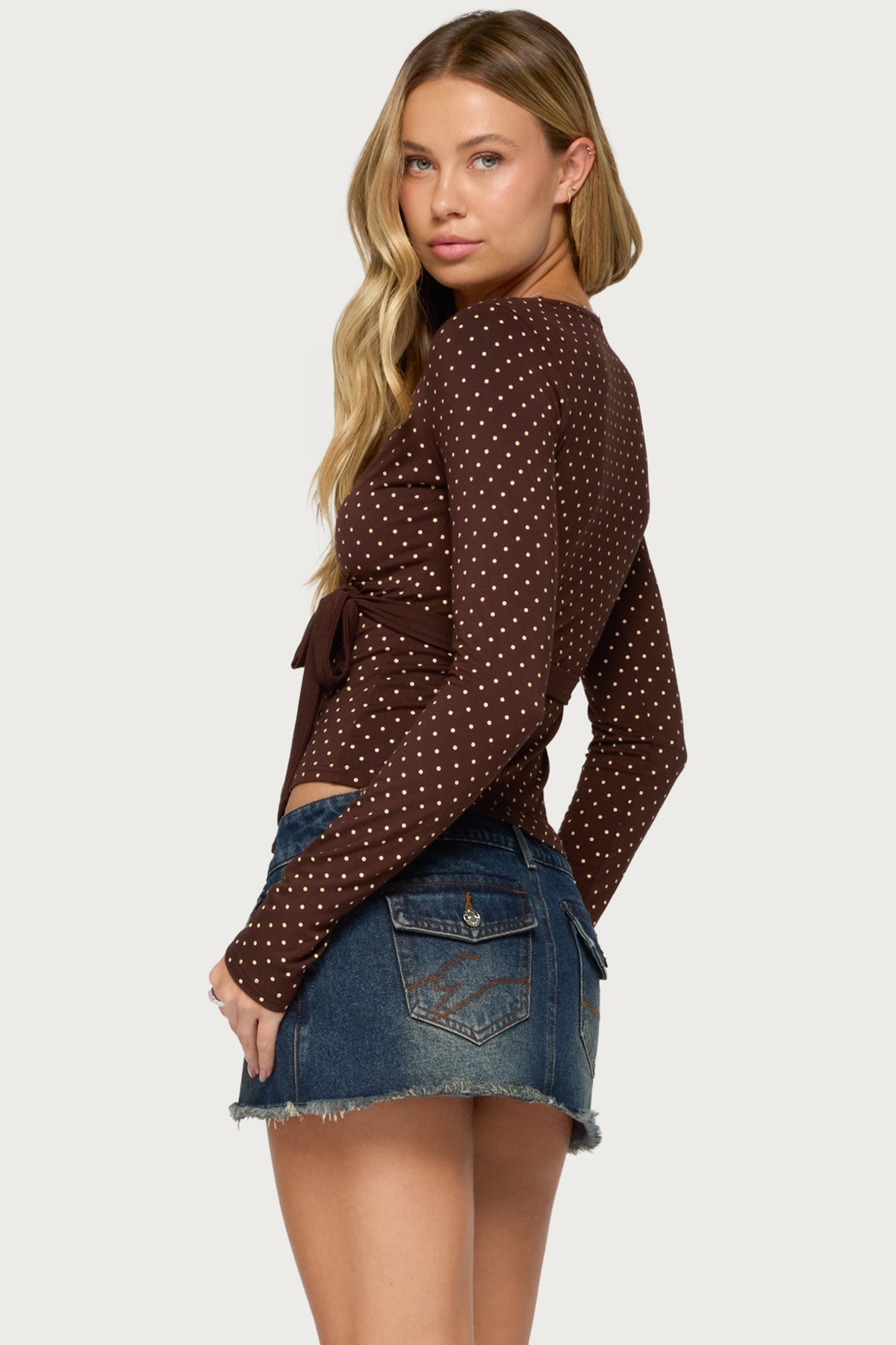 Ilen Polka Dot Wrap Top - BROWN