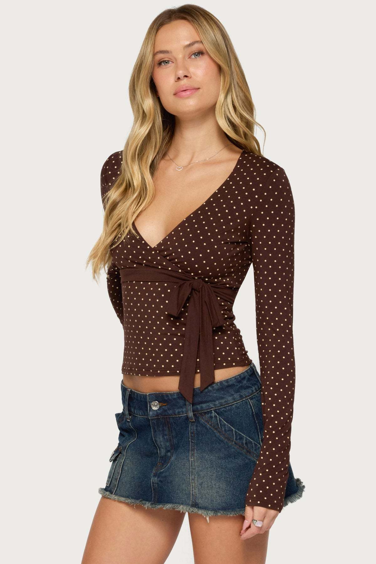 Ilen Polka Dot Wrap Top - BROWN