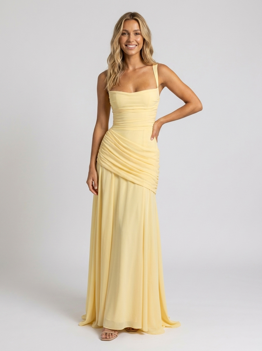 Elodie Pleated V Maxi Dress - Yellow