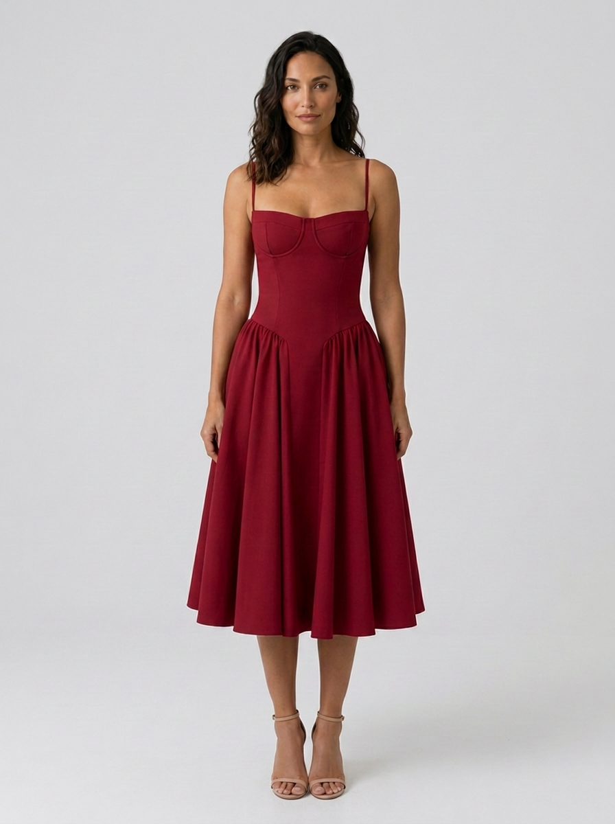 Eliana Bustier Sweetheart Midi Dress - Red