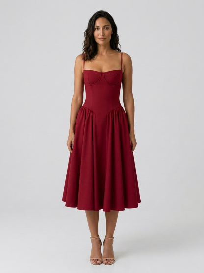 Eliana Bustier Sweetheart Midi Dress - Red
